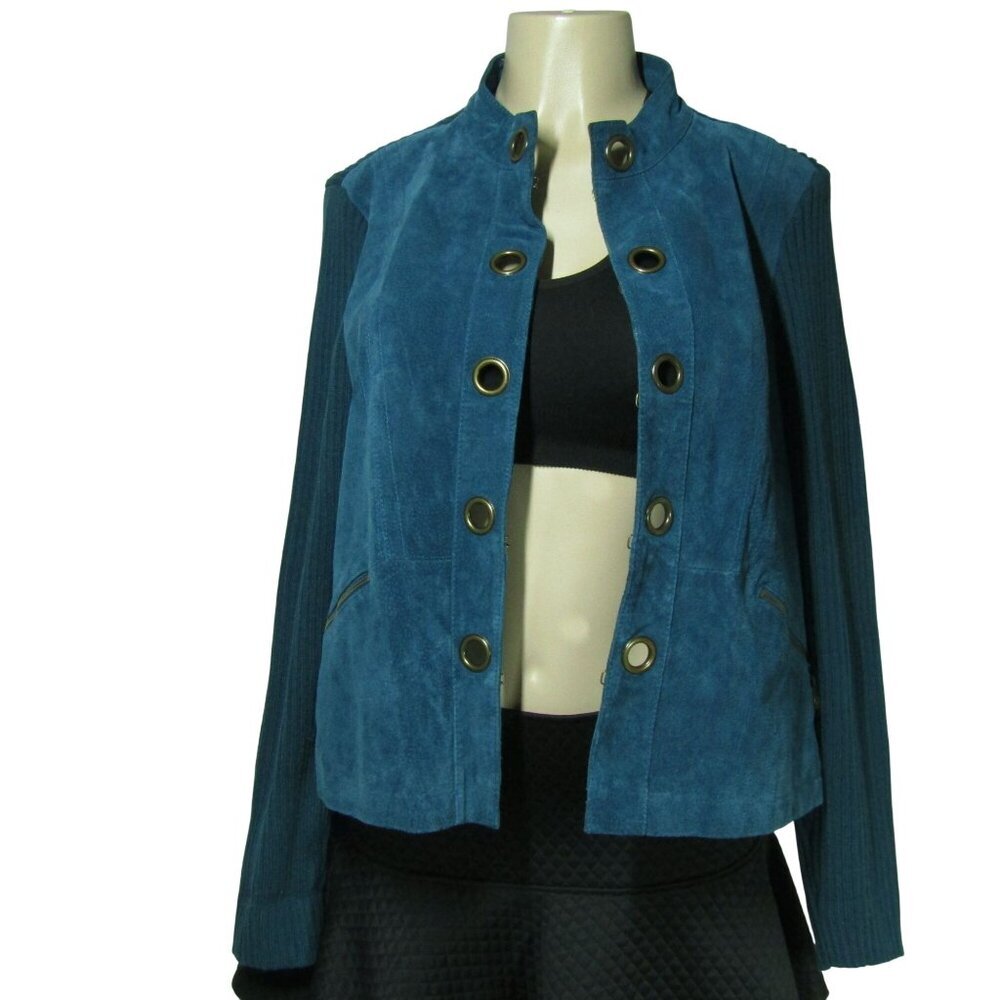 VTG Y2K SUEDE Leather Military Boho Grunge Retro Jacket Teal blue Jacket Large - Picture 6 of 11